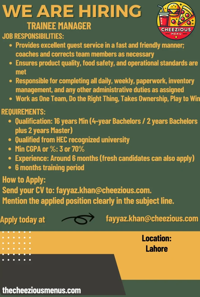 cheezious job trainee manager 