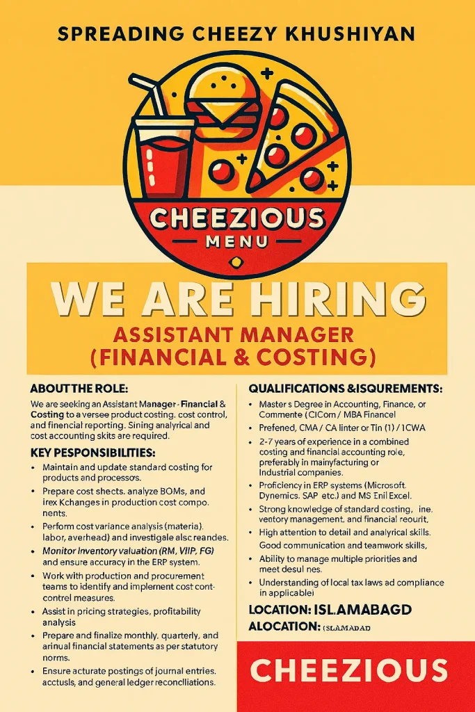 Cheezious jobs assistant manager Islamabad